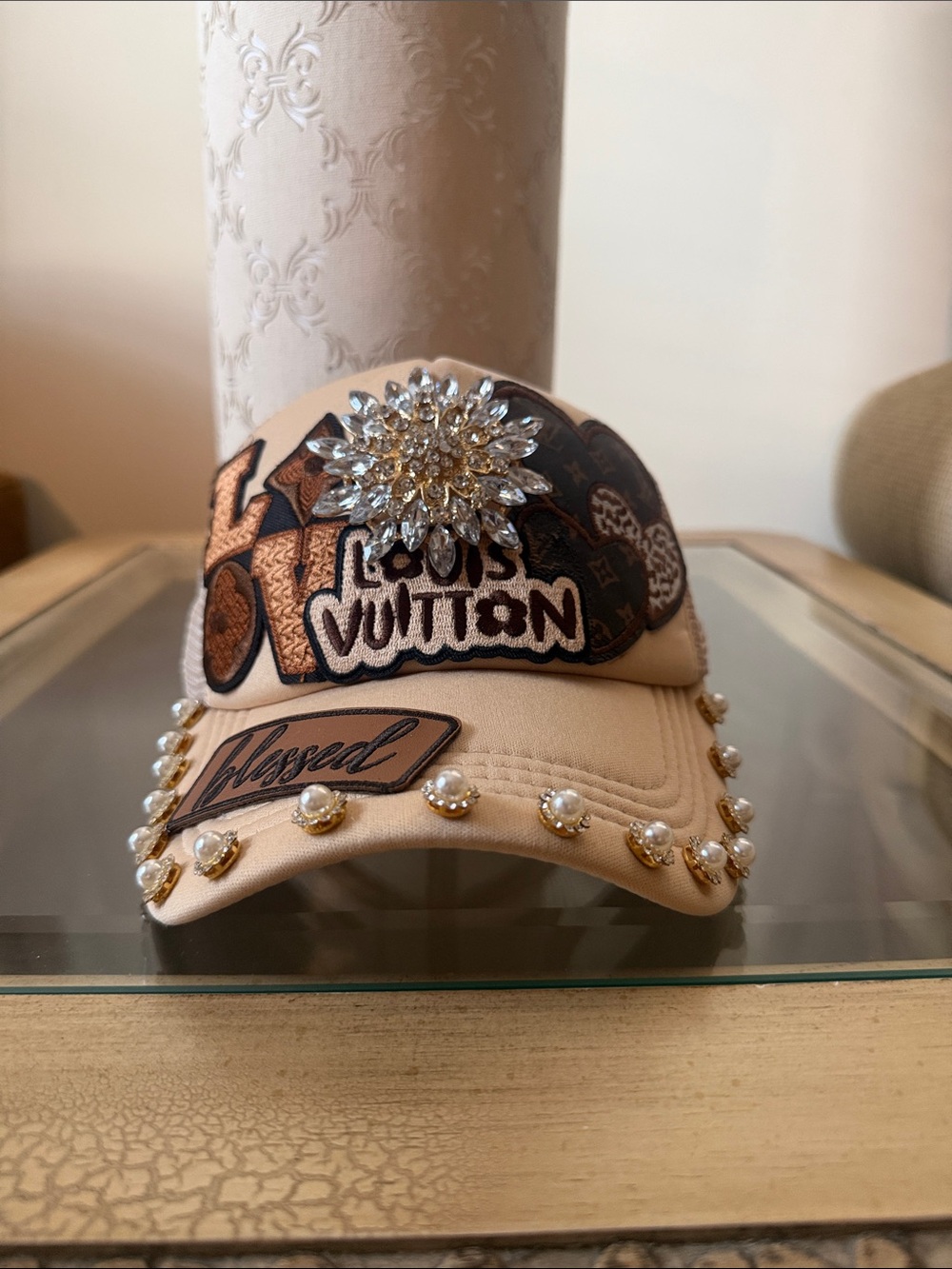 Women Beige Embellished Logo Baseball Cap with Crystal Brooch